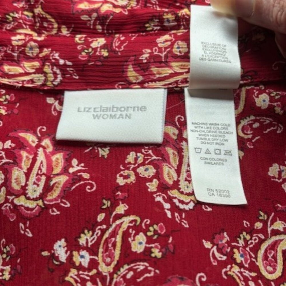 Liz Claiborne Woman 18W Red Paisley Button Front Lace Cuff Sleeve Blouse Boho - Picture 6 of 7